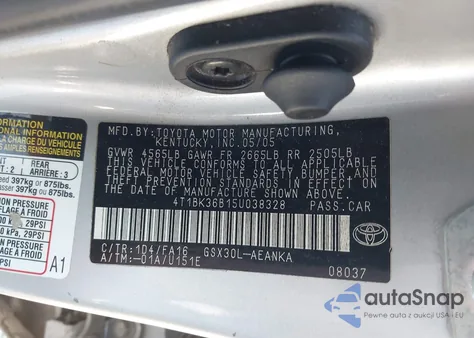 2005 Toyota Avalon Xl из США, поврежденный, VIN 4T1BK36B15U038328